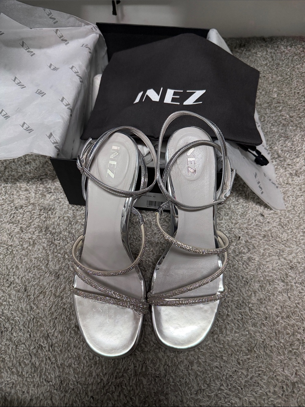 INEZ Silver Strappy Ankle‑Wrap Heeled Sandal